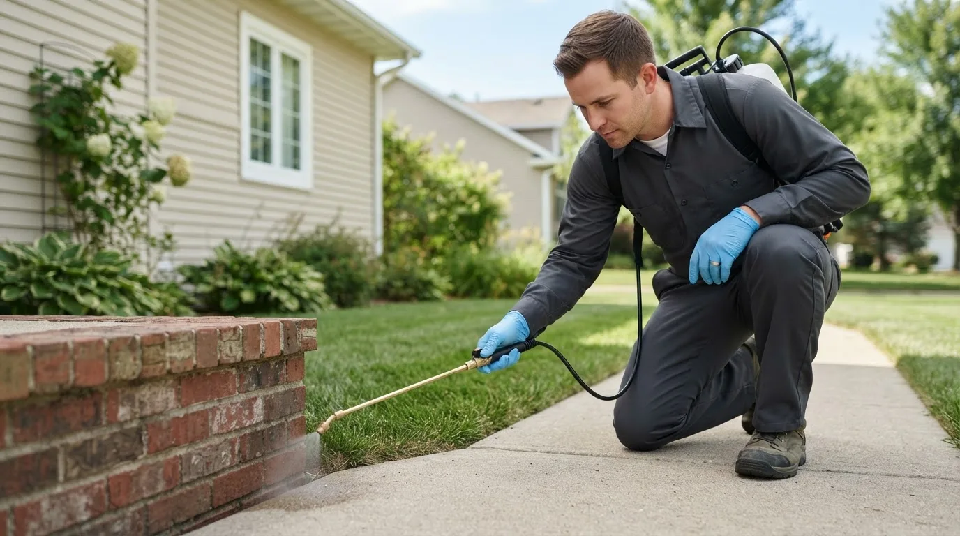 Pest control technician treating a home near Friendship, OH