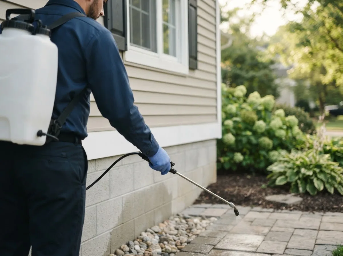 Pest control technician inspecting a home in Friendship, OH